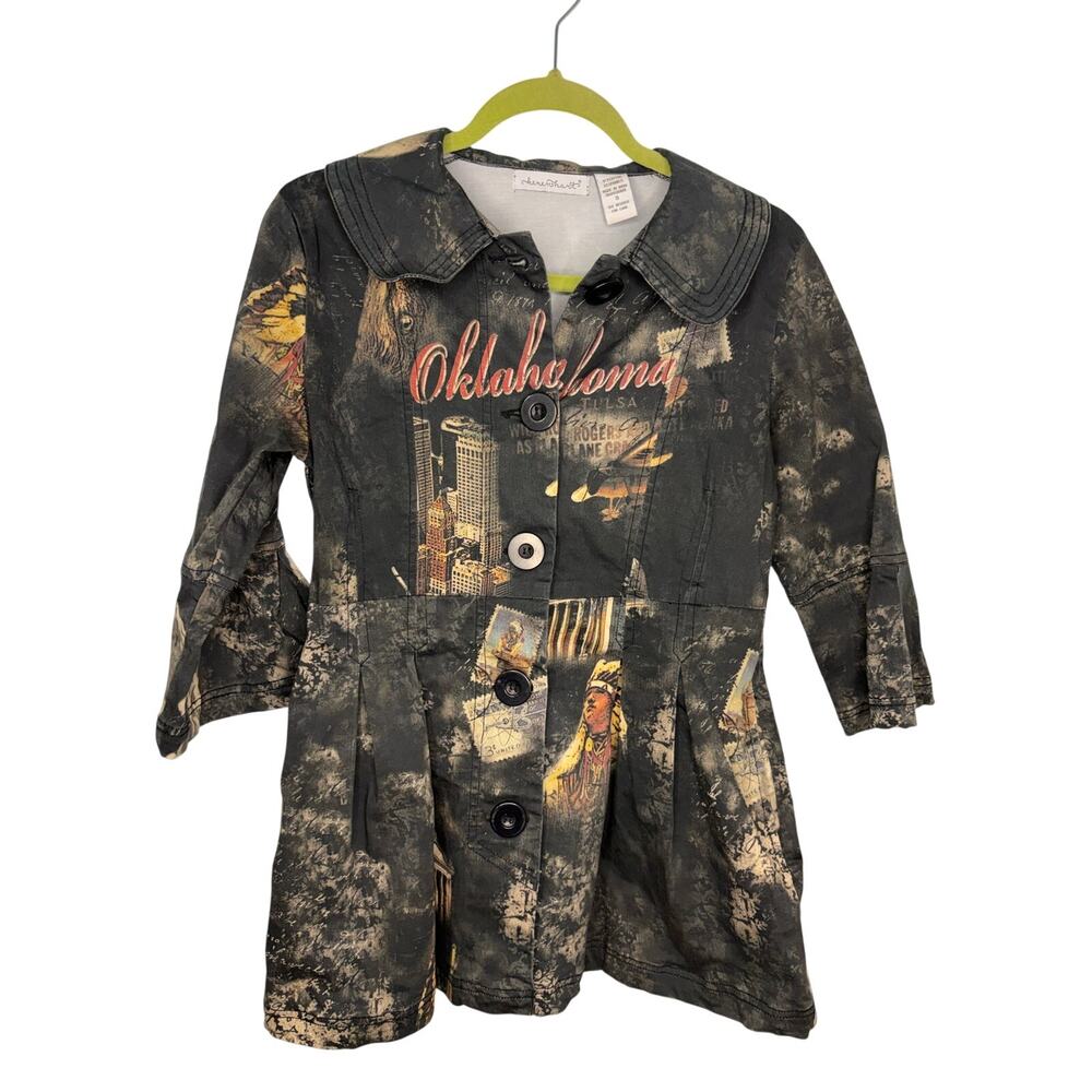 Keren Hart Vintage Oklahoma Cultural Collage Peplum Pleated Jacket Small Gray